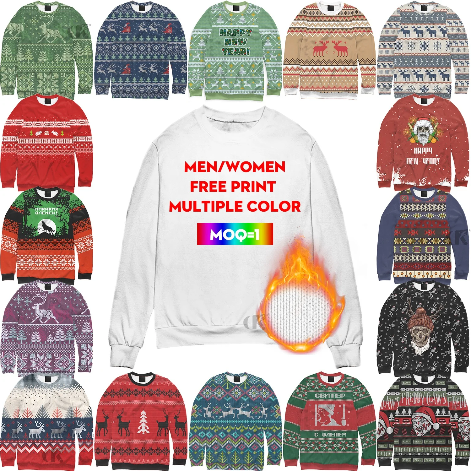 2022 New Fashion Christmas Custom Printing Crew Neck Pullover Sweater Personalized Winter Unisex Knitted Polyester Wool Sweater