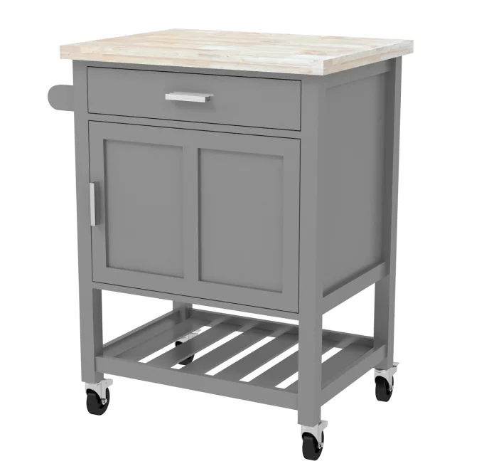 Grey Rubber Wood Top Serving Trolley Wooden Kitchen Island Cart, Kitchen Utility Cabinet with Pine Wood Legs