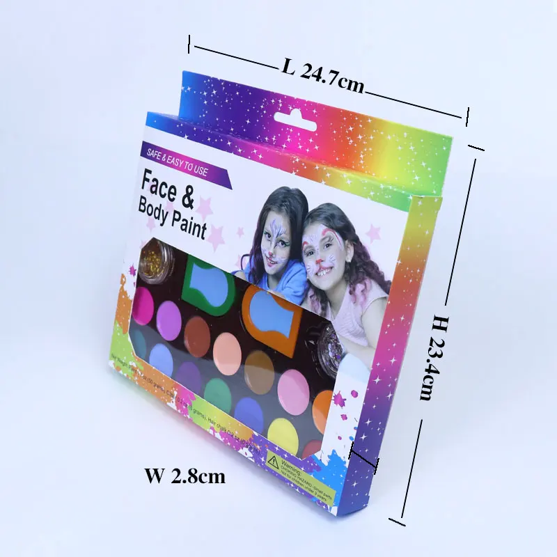 Private label customized 16 colors Face Body Paint kit with Glitters  Stencils Face Painting set for Children DIY