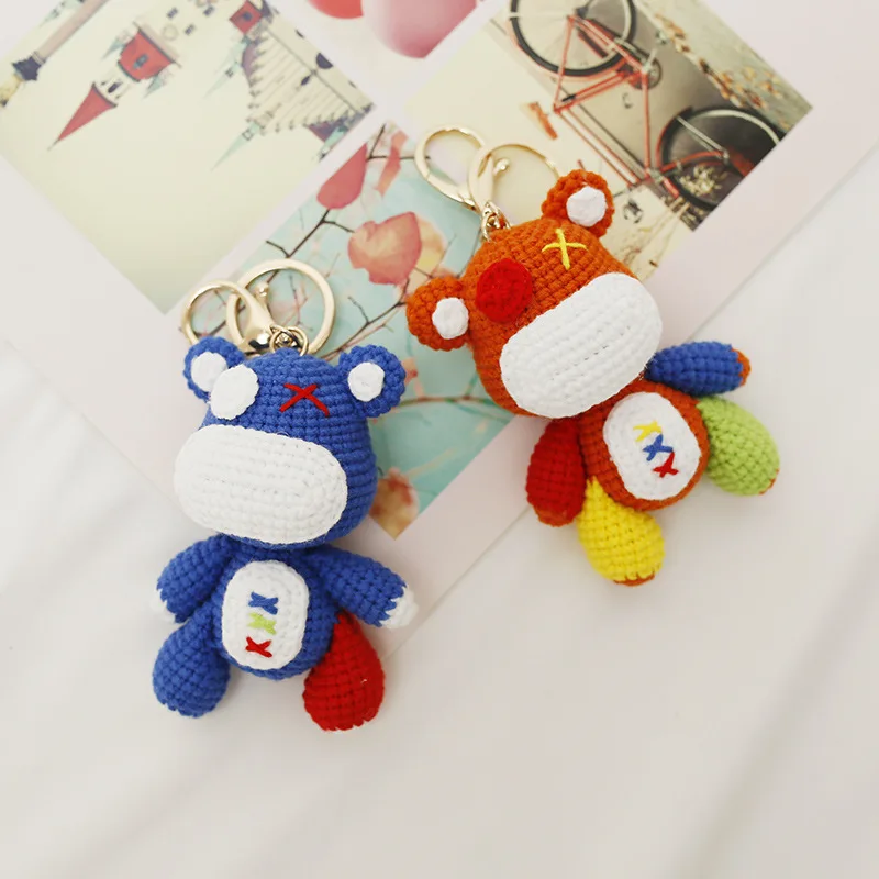 Knitted Animals Keychains Bear Stuffed Doll Car Hanging Pendant Stainless Steel Metal Anime Plush Keychains