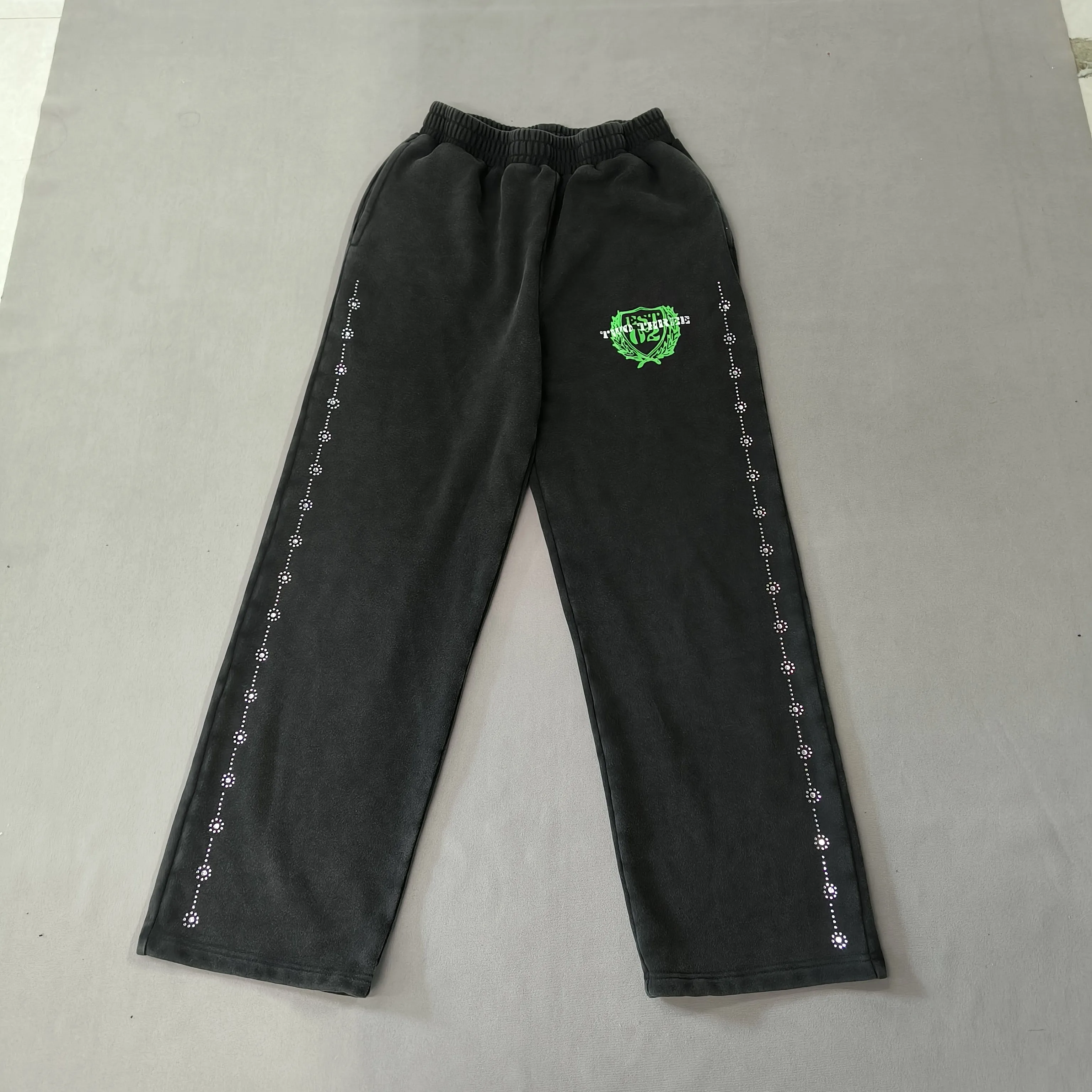 PT877 Grey Baggy Style Acid Washed Sweatpants Oversized Rhinestone Pants Loose Wide Leg Open Jogger Straight Pants