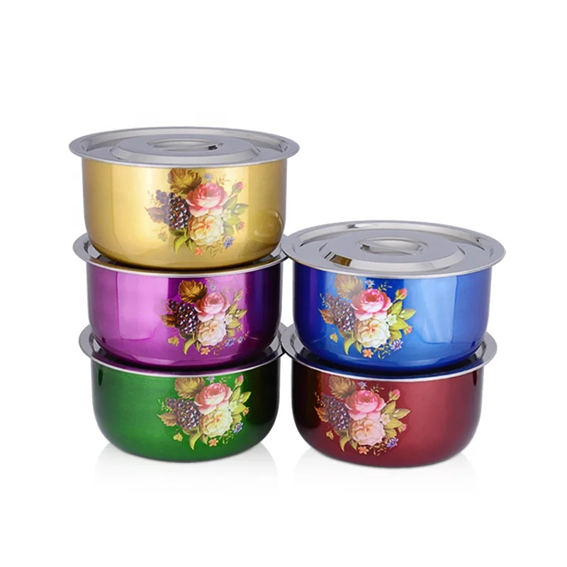 Bulk Sale Kitchen Colorful Flower Print Stainless Steel Biryani Cooking Indian Pot with Lids
