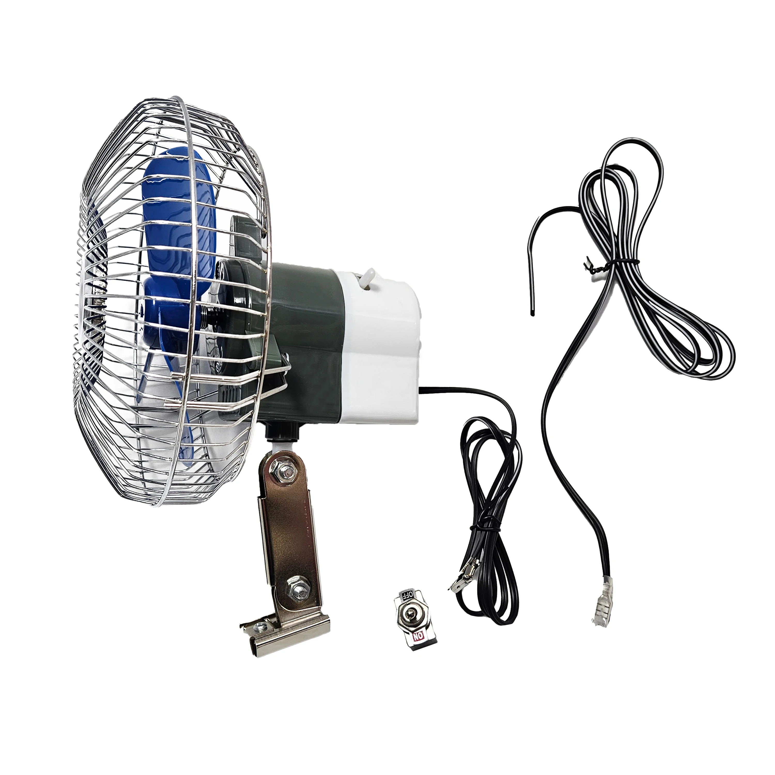 The 6-inch car fan operates at 12V/24V, has a toggle switch and is secured with two metal four-piece screws