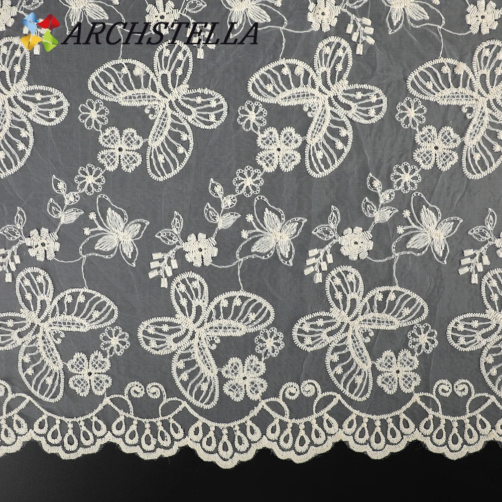 Ins Hot-Selling Sweet Country Style Butterfly Beige Floral Organza Embroidered with Cotton Thread Lace Fabric