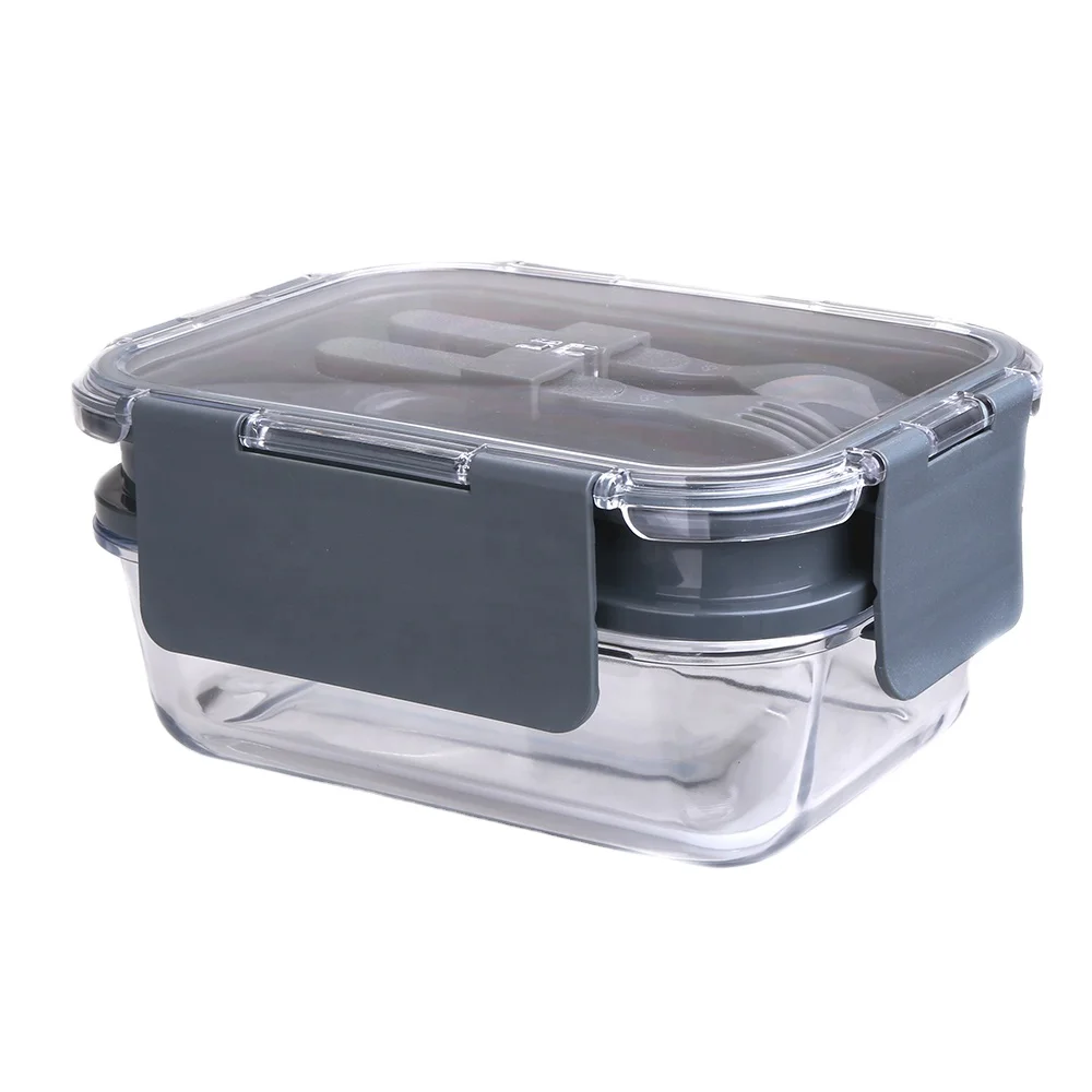 ODM/OEM Double Layer Glass Lunch Box with MS Material Lid Glass Food Storage Container