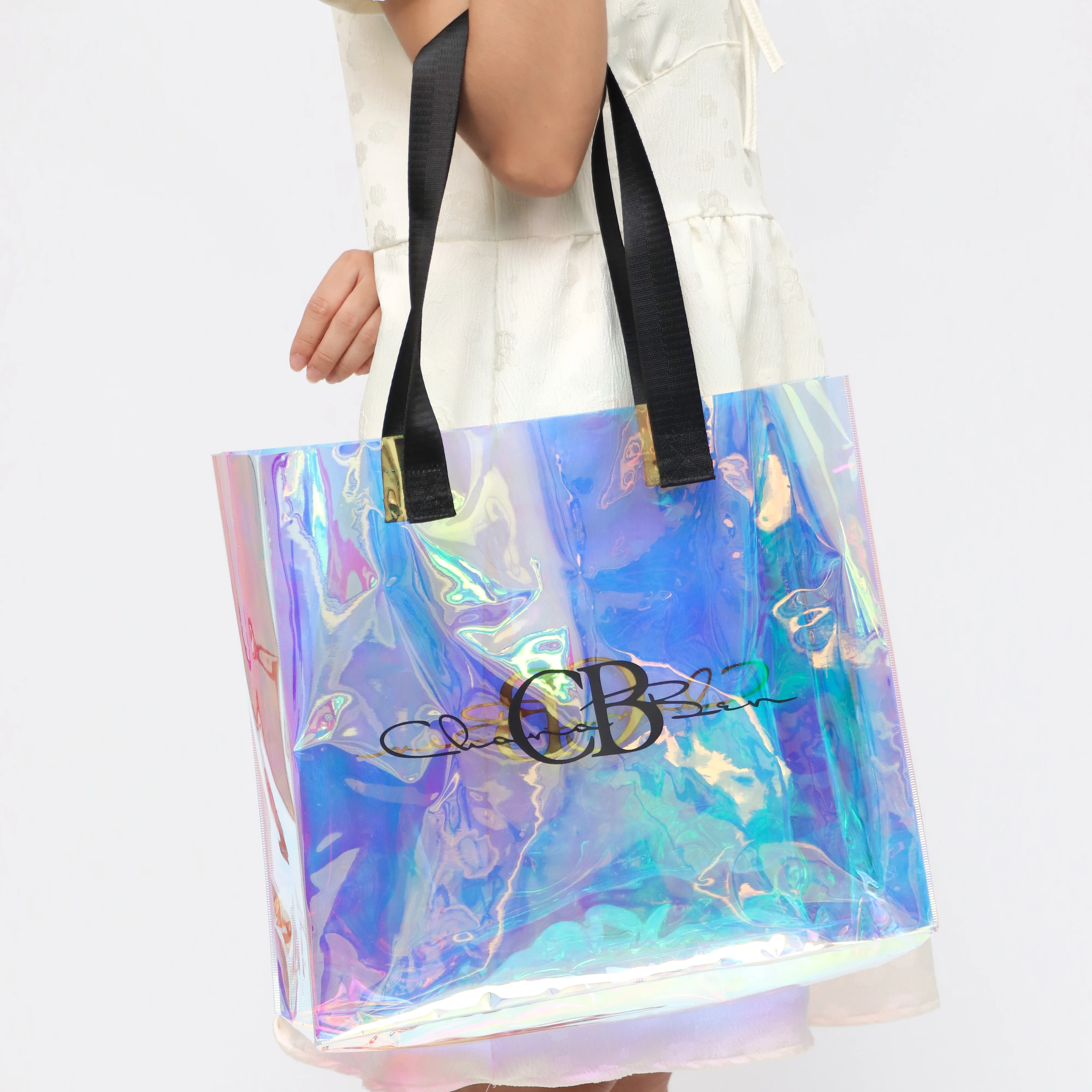 HOT SALE Custom logo pvc Holographic tote bag stronger handle clear hologram PVC packaging bag Beach women shopping Bag