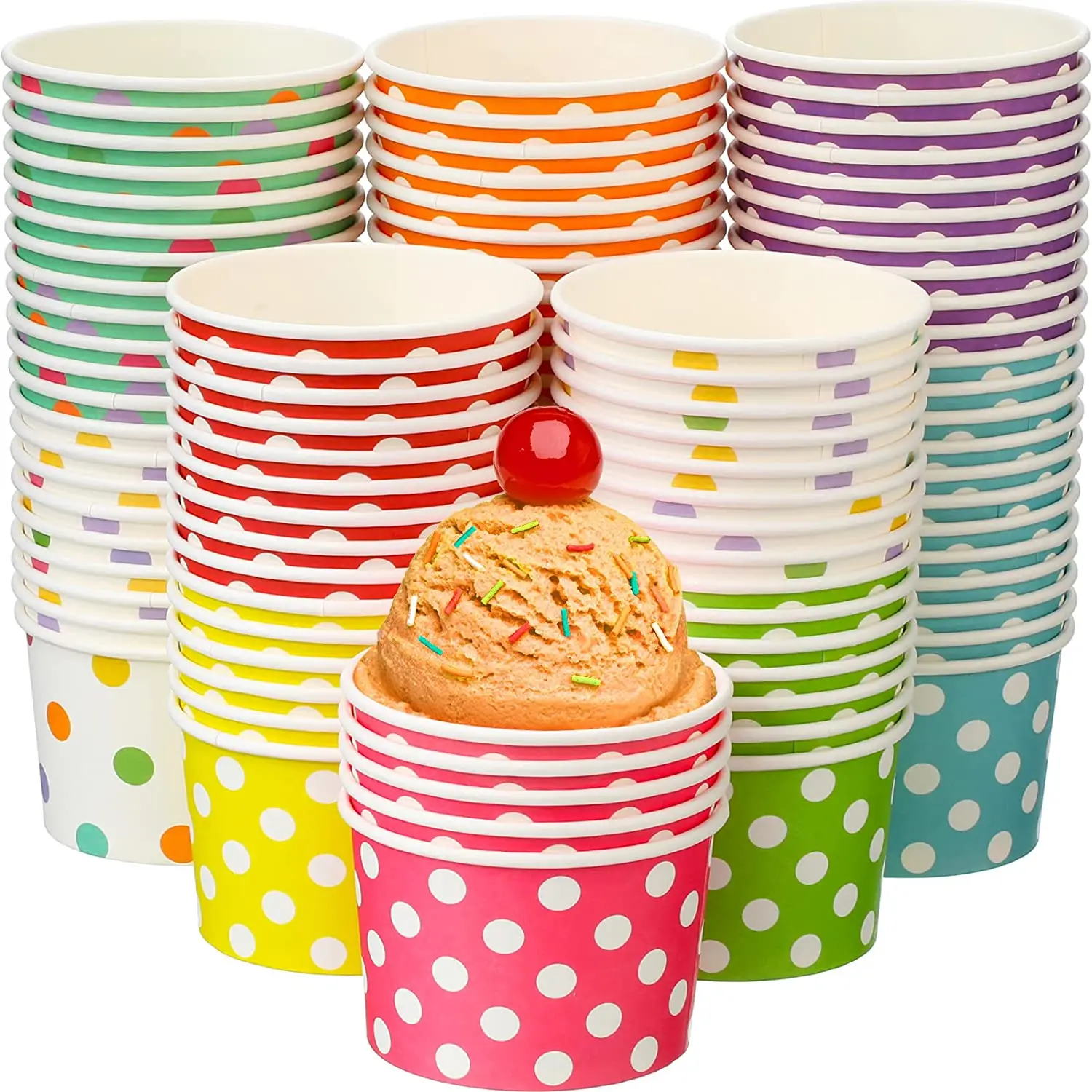 150 Pack Ice Cream Paper Cups, 8 oz Disposable Sundae Yogurt Dessert Bowls, Rainbow Polka Dots Cups