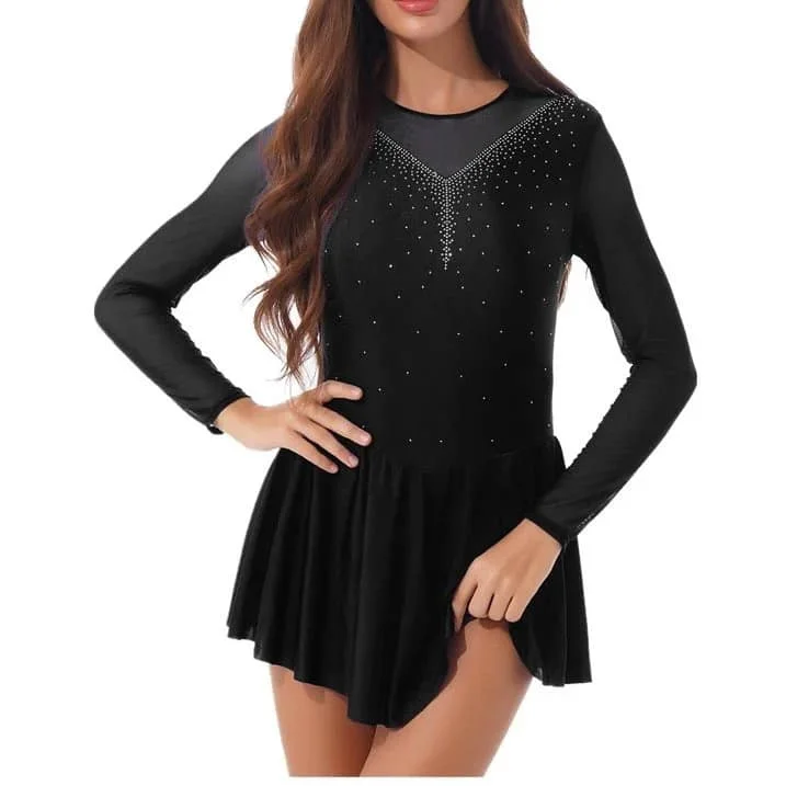 Figure skating dress long sleeves costumes women girls ice skating skirts latin dance dress black ladies dress