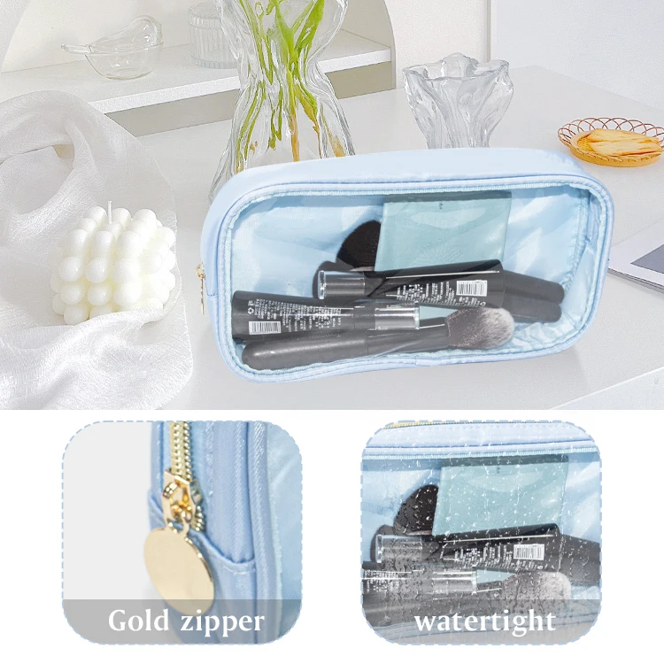 Waterproof Good Quality Long Pink Large Zipper PVC Cosmetic Transparent Clear Make Up Nylon Pouch Makeup Bag