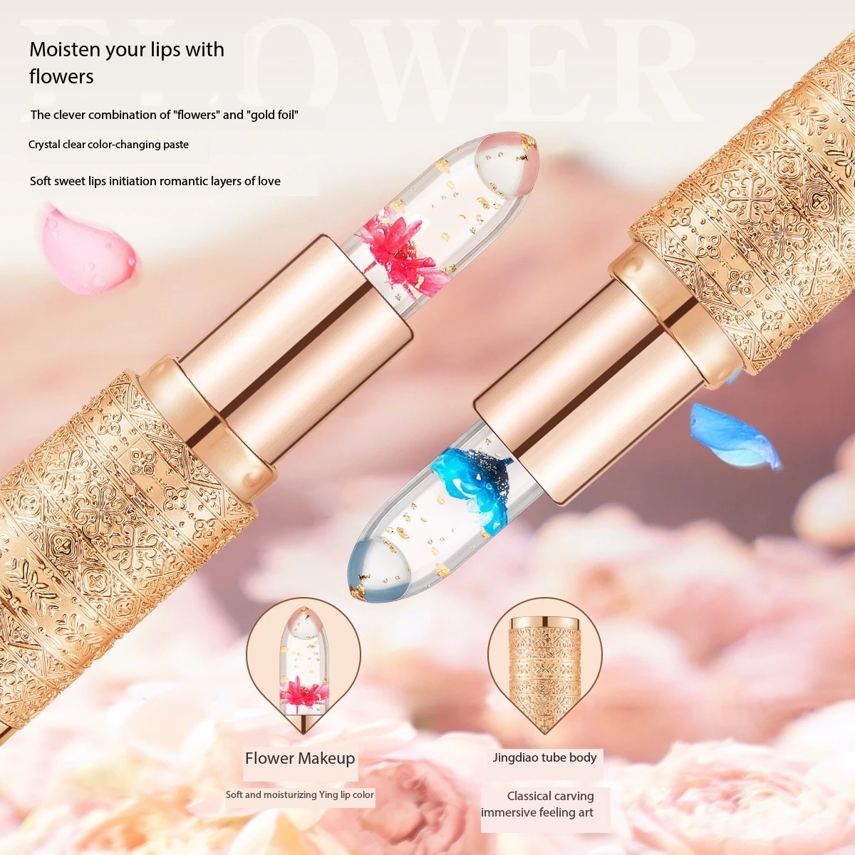 Fashion Gold Magical Colour Changing Lipstick 2024 New Clear Crystal Jelly Flower Lipstick Manufacturer Transparent lipstick