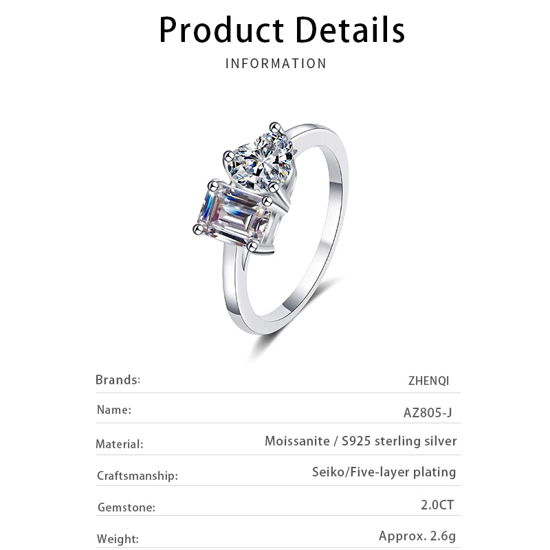 Eternal 925 Sterling Silver Wedding Band Shaped Emerald Cut 2CT Moissanite Diamond Ring Women Fine Jewelry Girls Gift