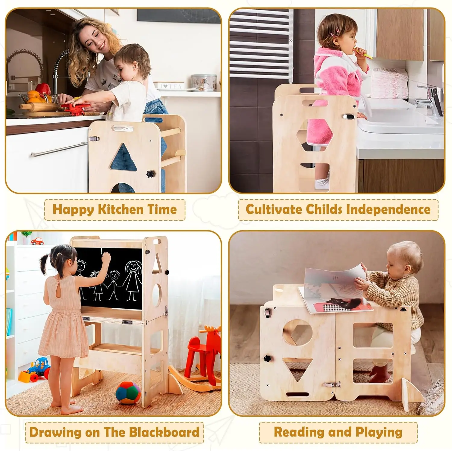 Learning Tower for Toddlers Foldable Kitchen Step Helper Stool with Adjustable Height & Safety Rail for Kids Kitchen helper