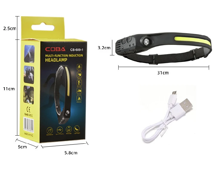 New Cross Border Wave Sensing COB Headlights Outdoor Cycling Lights USB Rechargeable Night Running Lights High Light Headlights