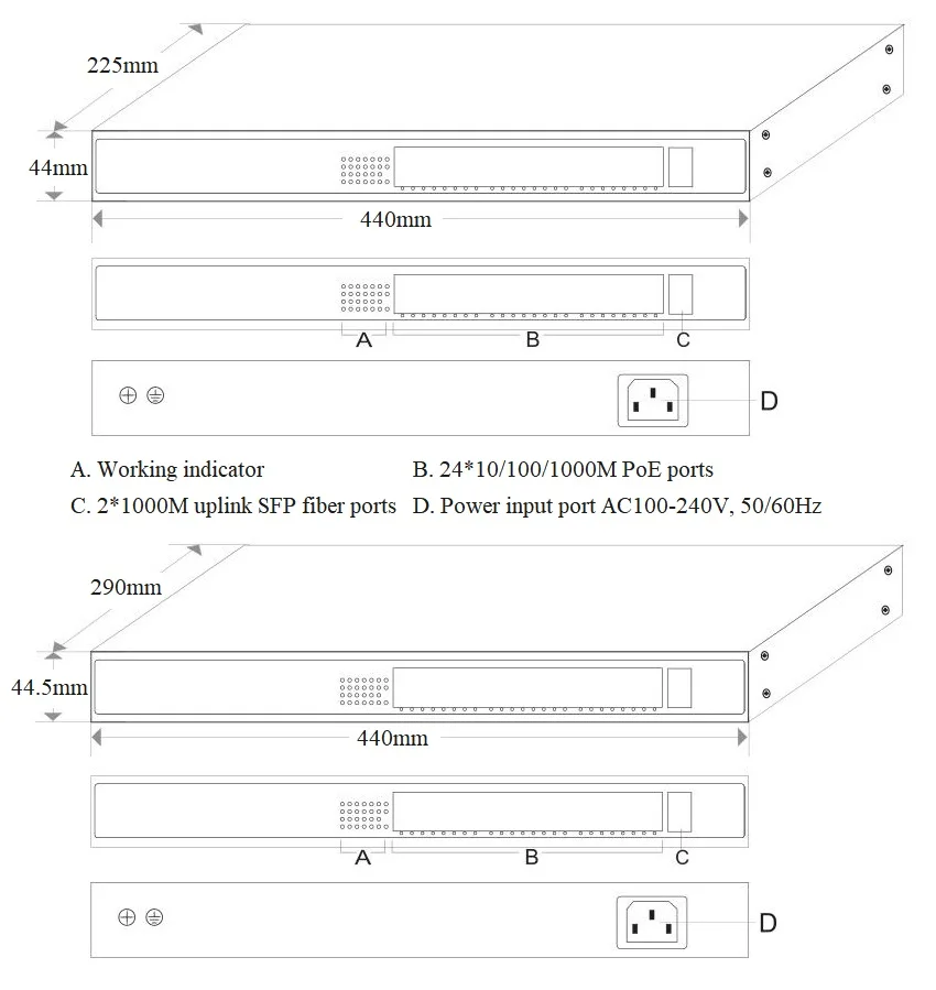 Unmanaged PoE fiber switch with 24*10/100/1000M RJ45 ports and 2*1000M uplink SFP fiber ports for monitor