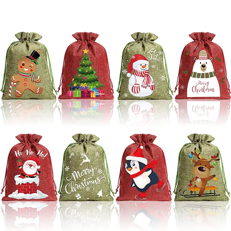 Xmas Holiday Small Christmas Candy Burlap Bags Christmas Jute Burlap Bag with Drawstring