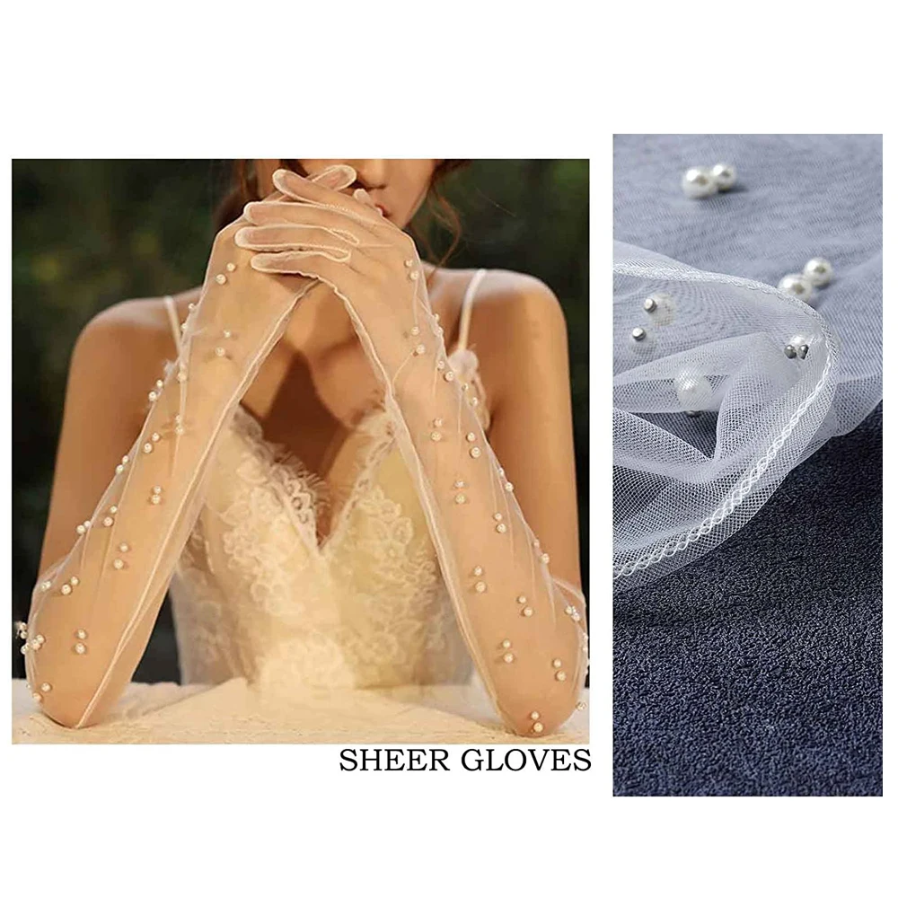 Opera Evening Party Sheer Brides Gloves Pearl Women Wedding Long Tulle Bridal Gloves White Finger Lace Gloves