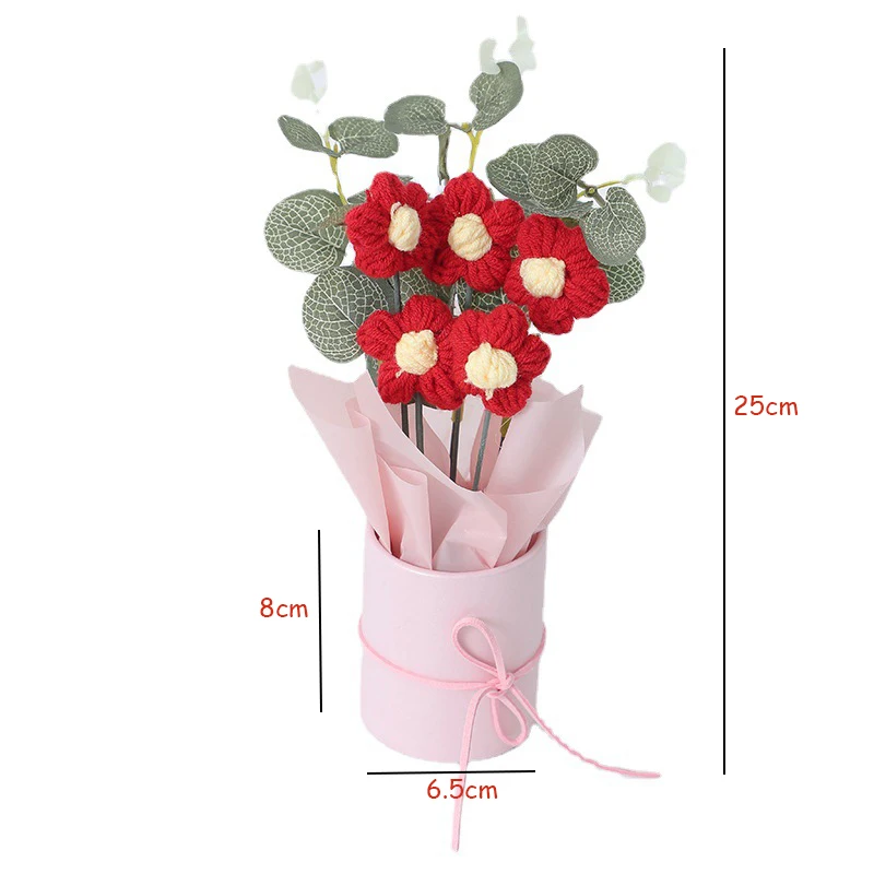 Christmas Valentines Day Gift Handmade DIY Knitted Woolen Flower Bouquet Crochet Mini Flower Bouquet Gift for Mom Women Girls