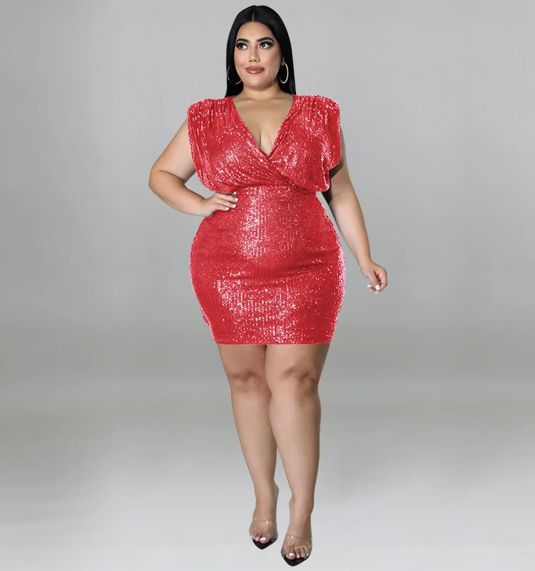 XL To 5xl Vest Mini Party Evening Sleeveless Halter Sling Sexy Women Sparkle Sequin Large size Short Dress