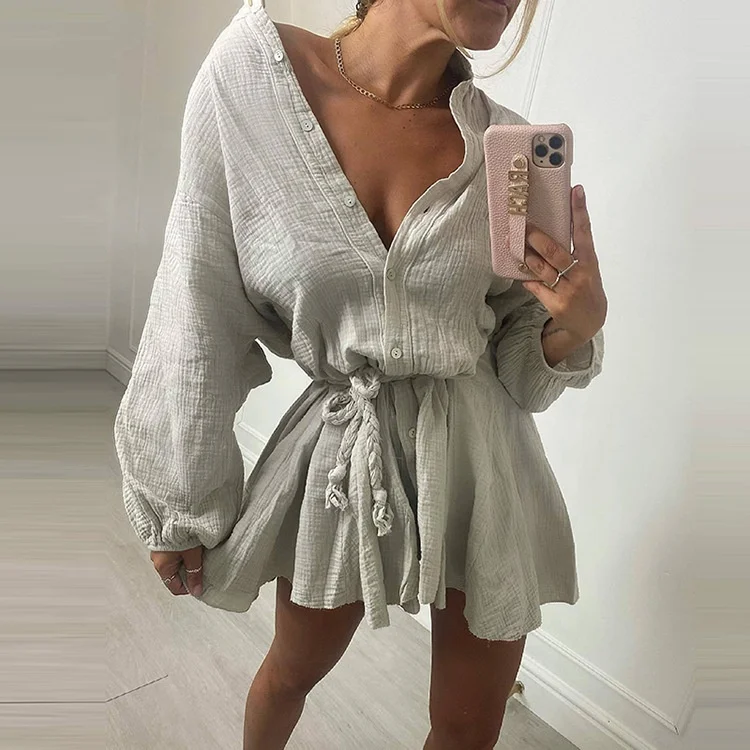 Летнее льняное платье женская одежда однотонное boohoo на шнуровке свободное повседневное богемное платье-рубашка с баской