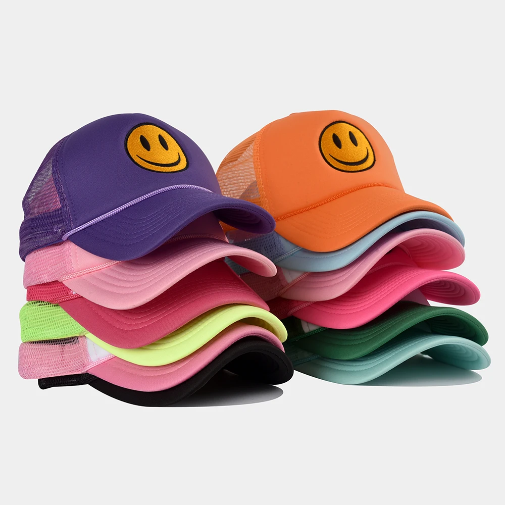 vendor hat manufacture gorras happy face custom  embroidered trucker cap mesh foam rope smiley face trucker hat