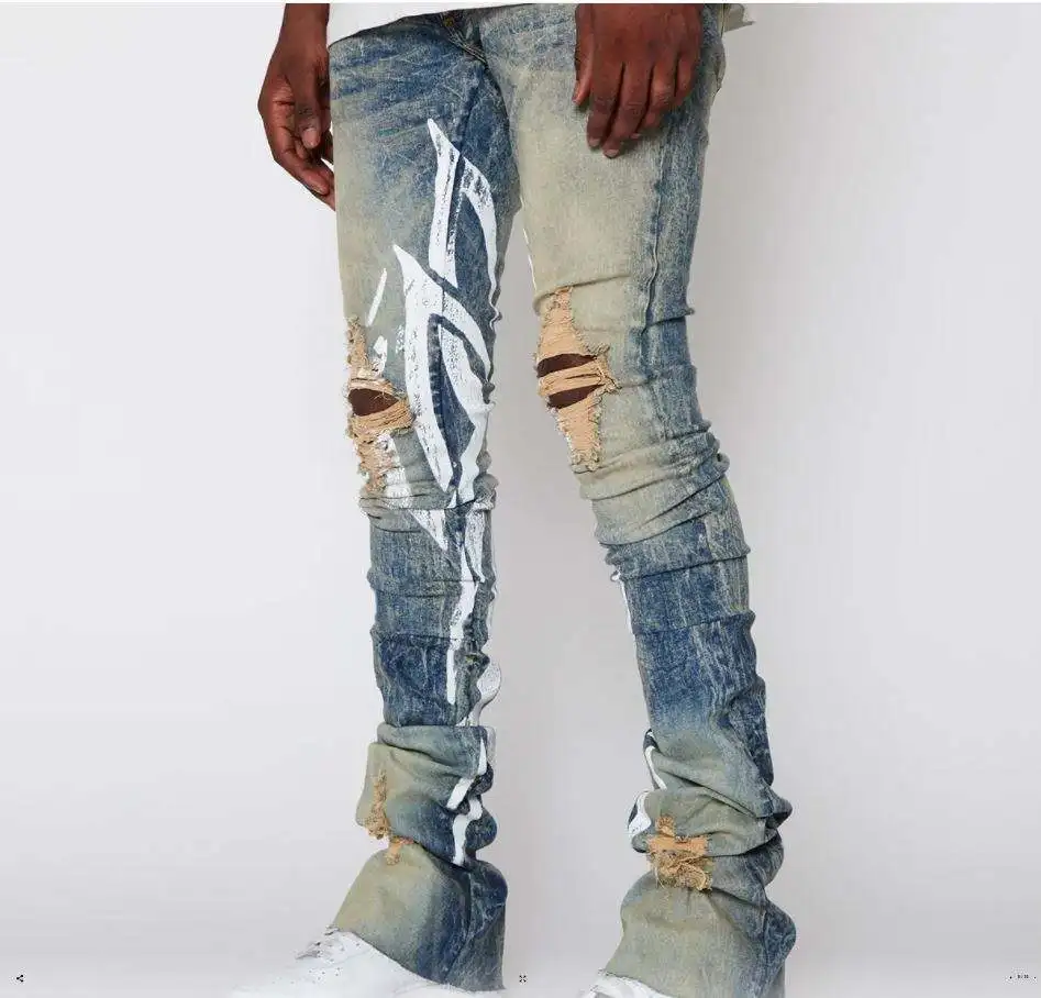 2023 new arrivals new design vintage stacked denim pants wholesale custom slim fit prints ripped stacked jeans men flare jeans