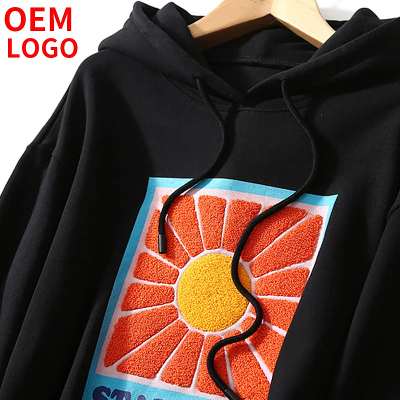 Custom Chenille Hoodies Logo US Size Chenille Hoodie Chenille Patch Embroidery Cotton for Mens Knitted Fabric 100% Cotton Hooded