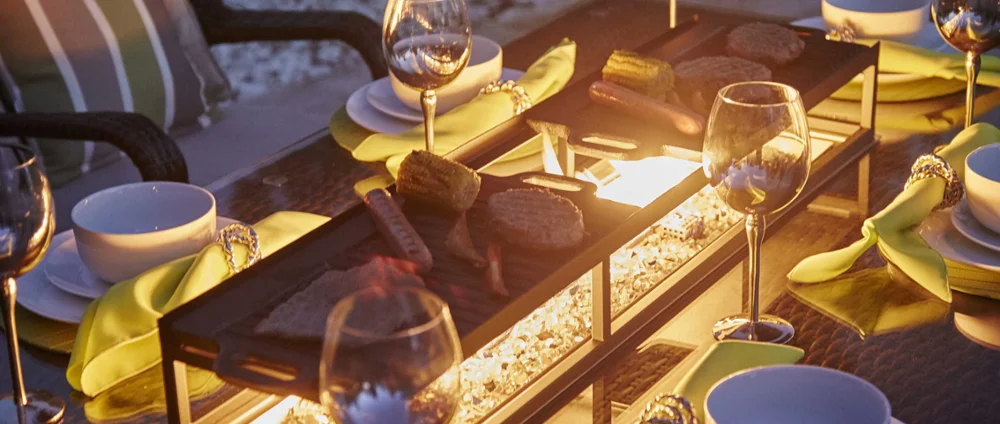 9 seats luxury design gas firepit  table set with linear burner and barbecue plate outdoor furniture