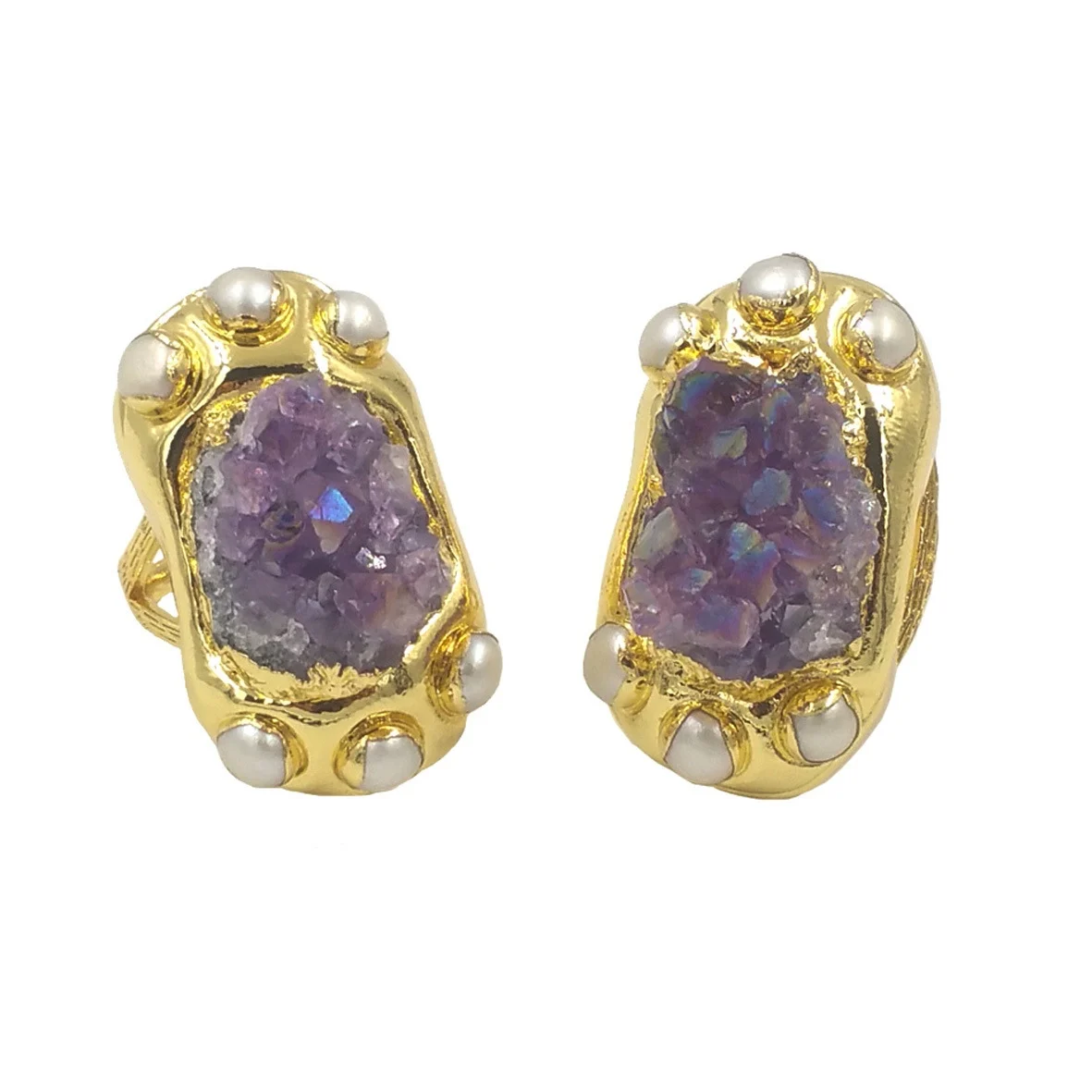 A2015 fashion gemstone amethyst stone ring 18k gold plated pearl beads ring jewelry for women