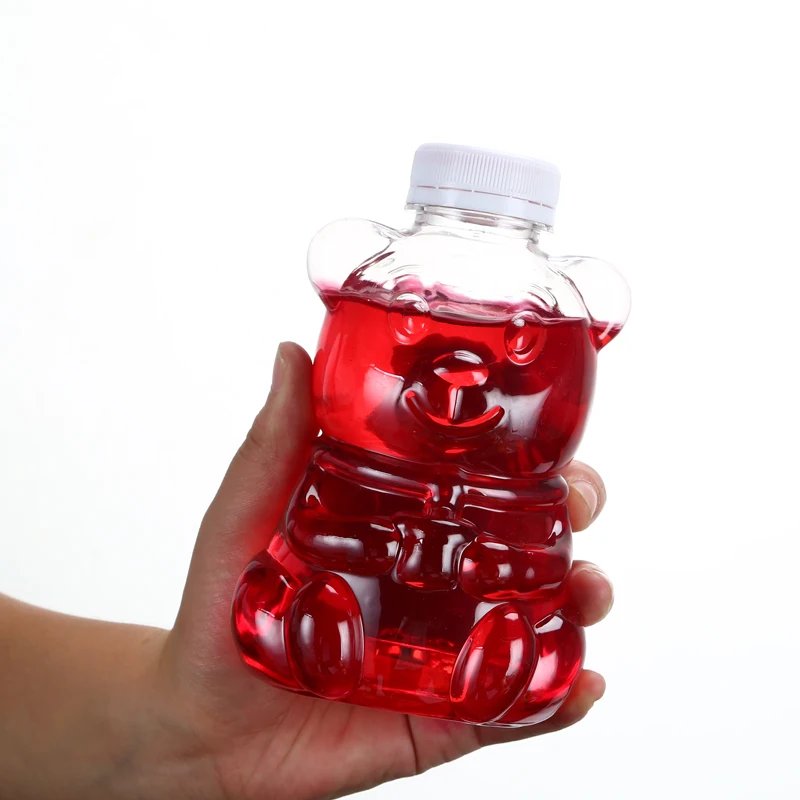 
cute bear shape takeaway beverage pet bottle milk-tea coffee juice wine plastic bottle with screw cover 
