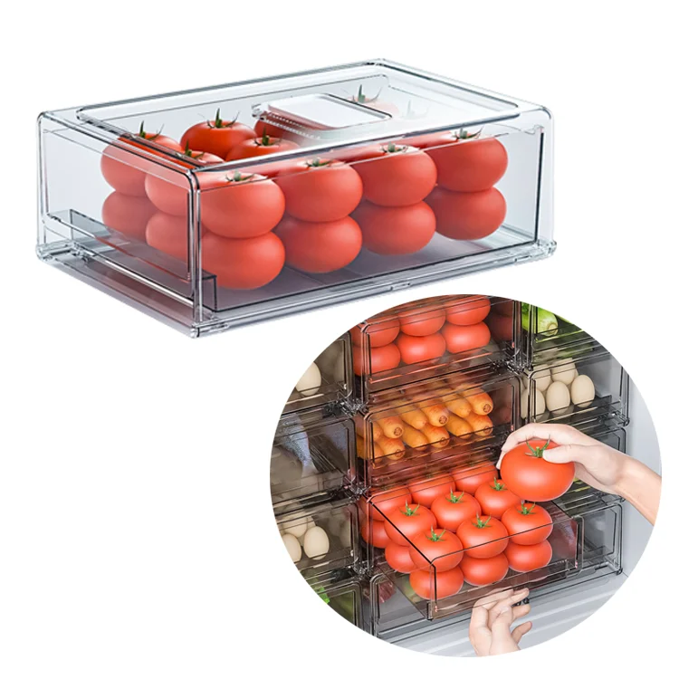 Hot Sale Wholesale Plastic Refrigerator Storage Box Transparent Fridge Drawer Organizer Stackable Refrigerator Organizer