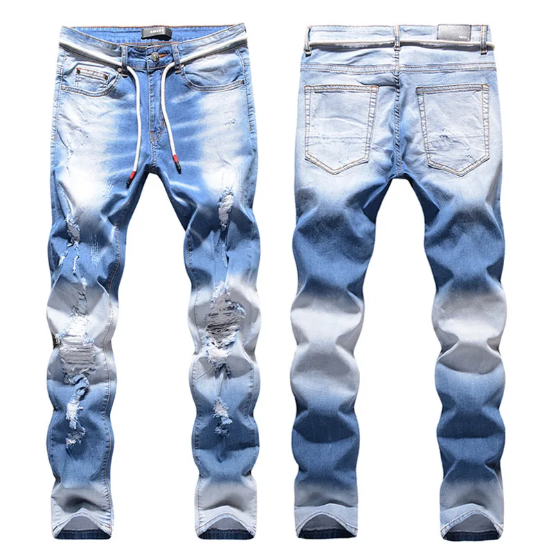 
Factory Wholesale High Street High Elastic Mens Denim Ripped Skinny Blue Jeans 