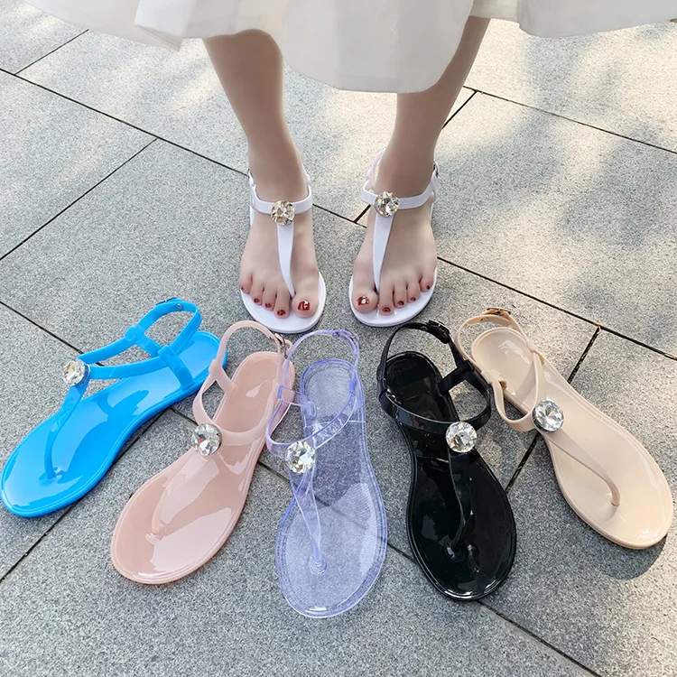 Lovely Fashion Woman Strappy Sandals Jelly Slippers Diamond Shining Summer Transparent Crystal Flat Shoes
