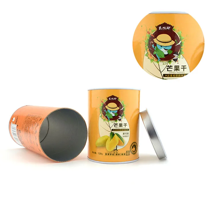 Wholesale custom logo 128g recycled dried fruit packaging tube can food packaging paper with foil inside tube with metal lid