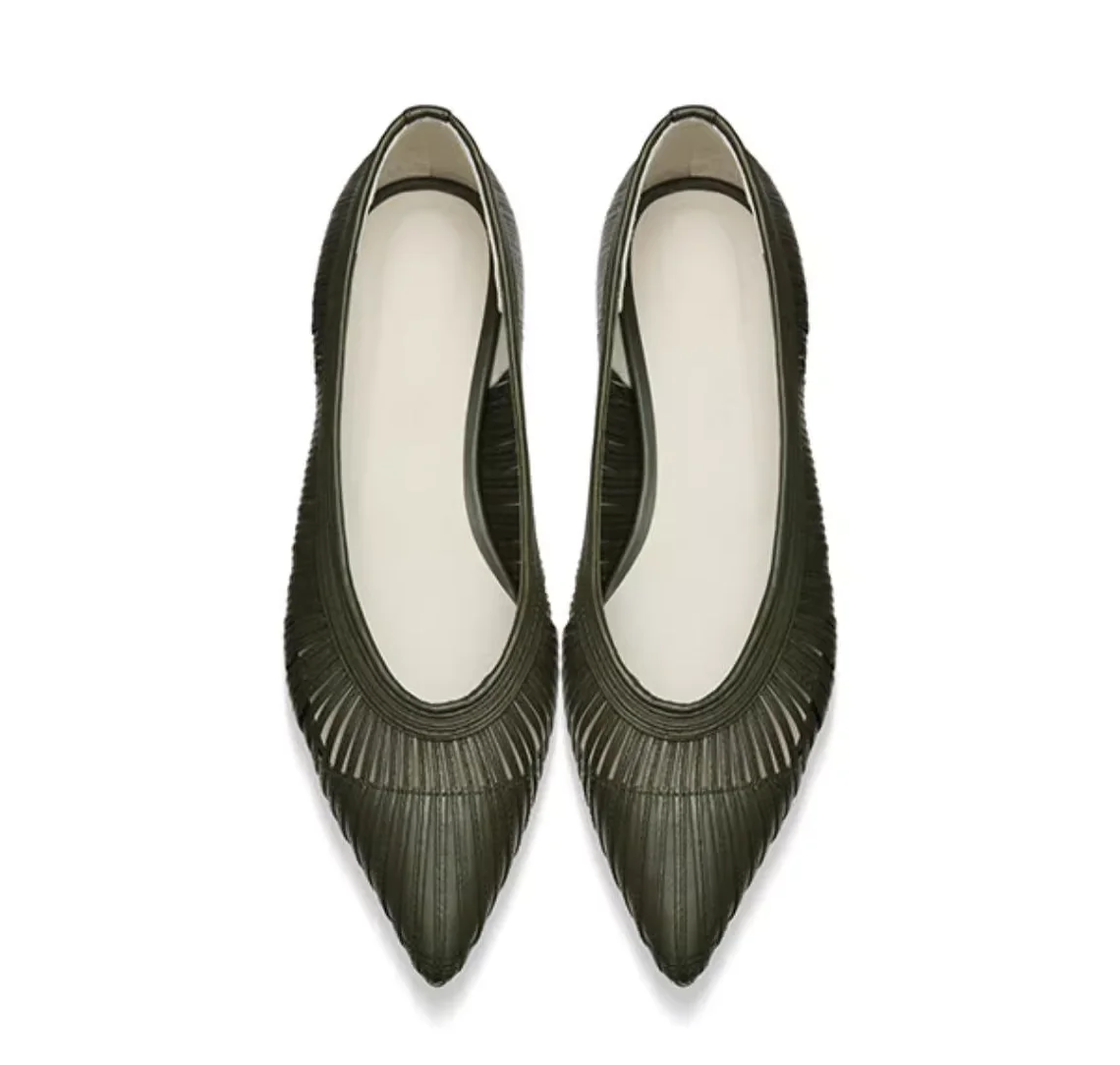 New custom handmade fashion Spain style pointed toe knitted soft leather flat pump shoes