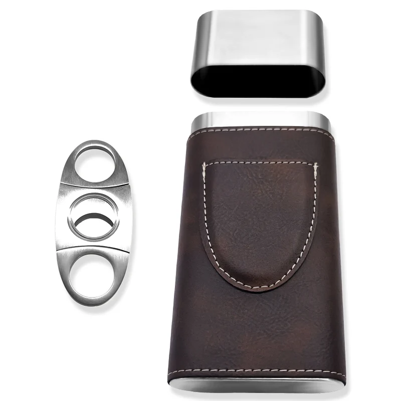 Vanace Chinese factory travel leather cigar case Travel Humidor Cabinet Luxury 3 Finger Leather Cigar Case with Cutter