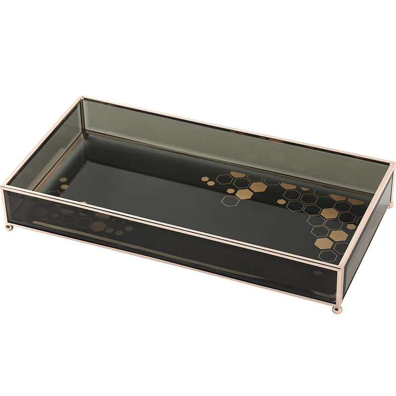 Wholesale Black Glass Rectangle Honeycomb Pattern Organizer Tray Home Decoration Perfume Fragrance Makeup