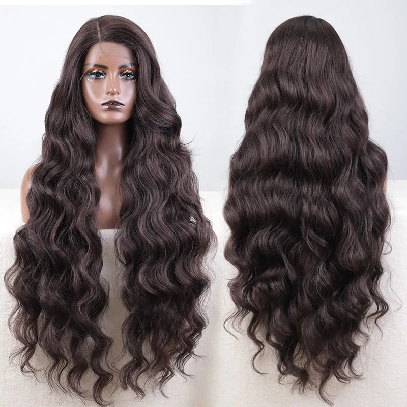 Long Layered Body Wave Grace 36 Inch Floral Purple Black Color Heat Resistant Synthetic Hair Easy 360 Synthetic Lace Front Wig