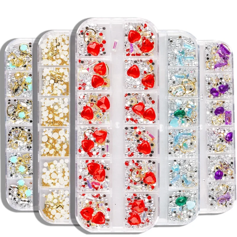 Rectangle 12 Grid Box Package Resin Flower Mixed Design Nail Charms nails salon professional products Supplies