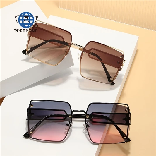 Teenyoun Supply Price Big Frame Metal Diamond Cut Rimless Sun Glasses Big Square Oversized Shades Sunglasses Wholesale