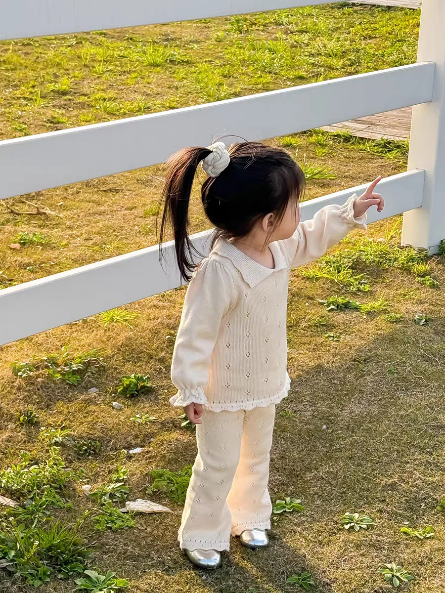 Organic Cotton Soft Pointelle Knit Spring Fall Clothes Set Toddler Children Girls Knitted Suits