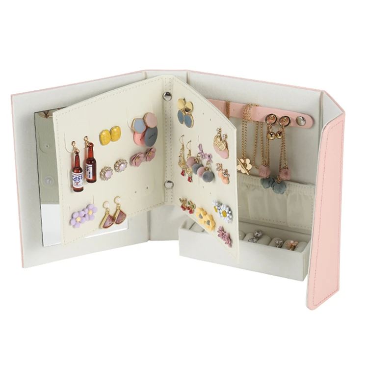Latest magnetic wholesale high end pink white Leather Earrings Rings Packaging Jewellery Book in stock with mirror