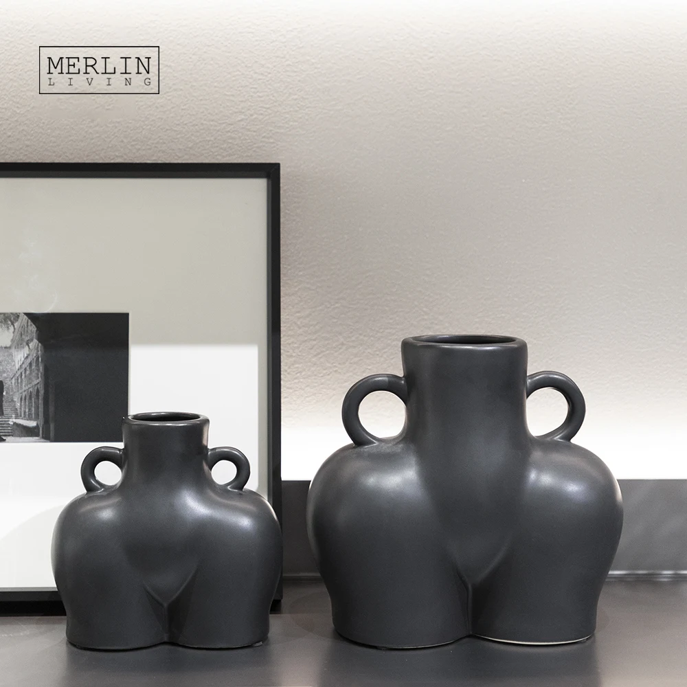 Merlin Living Matte Human Body Sculpture Ceramic Nude Art Butt Vase Modern Home Decor Vase Modern for Black Vase Decoration