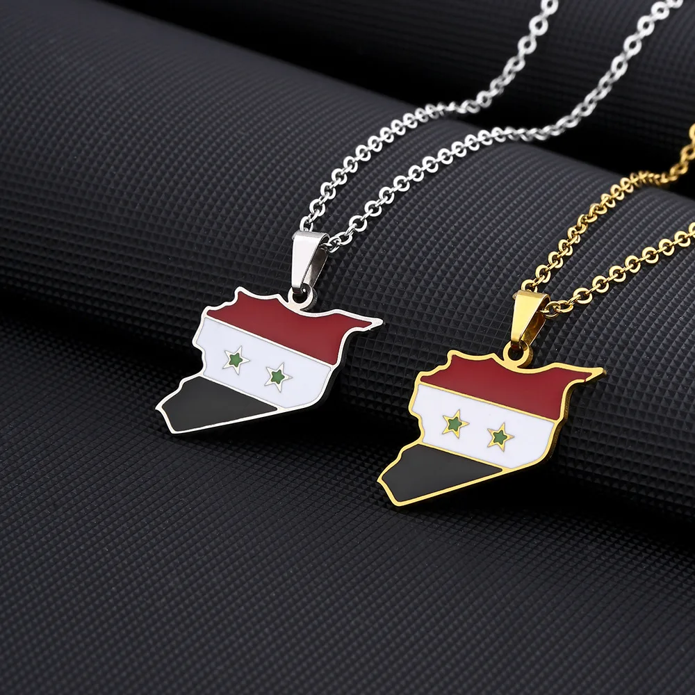 Jymoon Color /Silver Color Stainless Steel Syria Map Flag Pendant Chain Necklaces Syria Maps Jewelry for Women Men