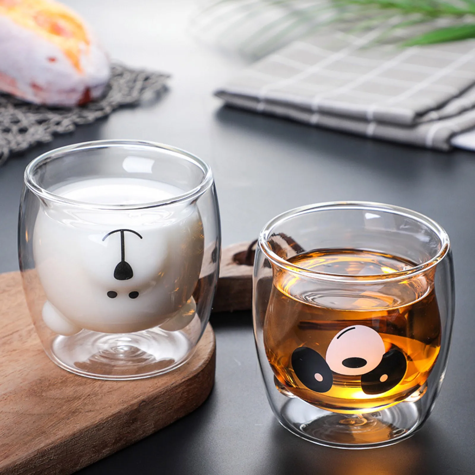 Lovely Bear Cat Dog Animal Double-layer Tea Milk Coffee Cup With Round Mouth Prevent Scald Cartoon Glass Mugs Christmas Gift