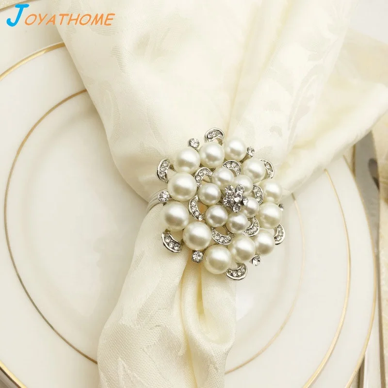 Rose Flower Shape Pearl Silver Wedding Table Napkin Ring Napkins Holder Rings Christmas Event Party Holiday Decorations