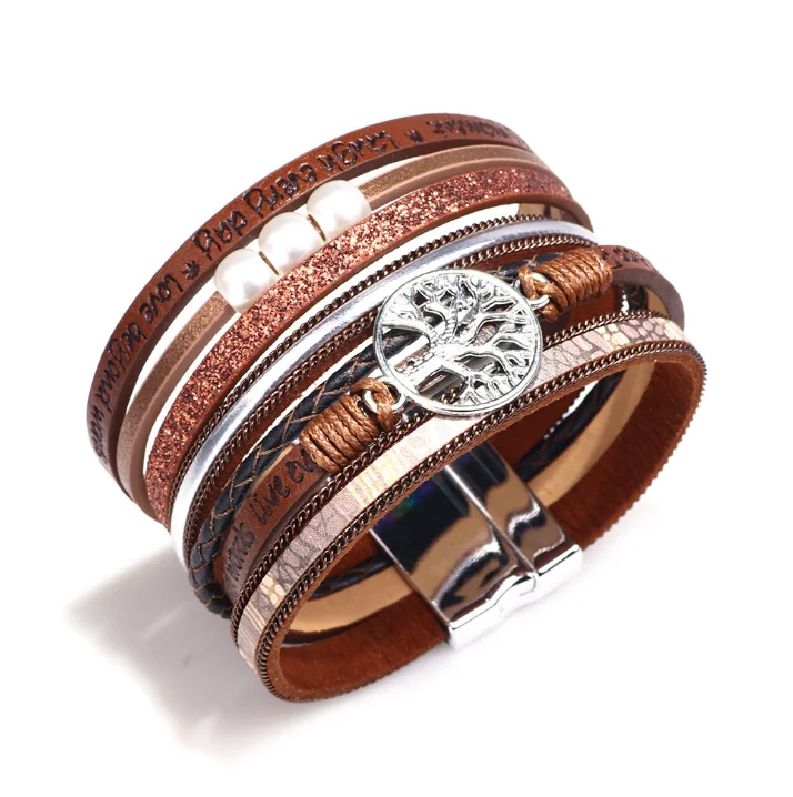 
Magnetic clasp bracelet women wholesale bling leather double wrap bracelet engraved strip and life tree accessories bracelets 