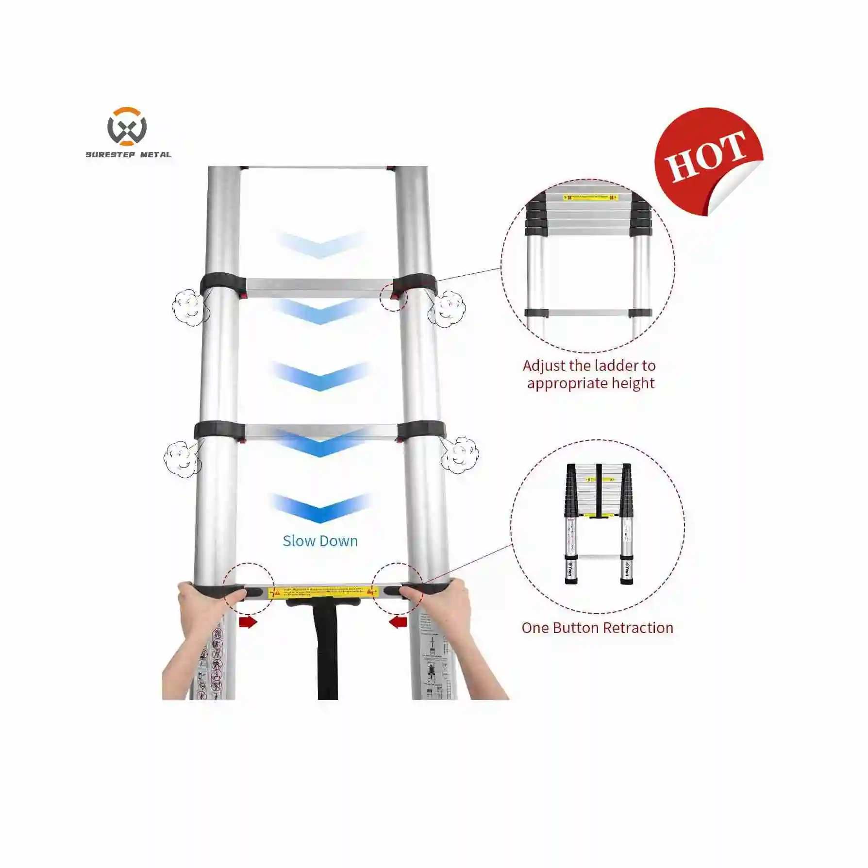 Portable Aluminum Telescopic Stair Ladder Material Thickness 1.5mm Max Loading 150kgs