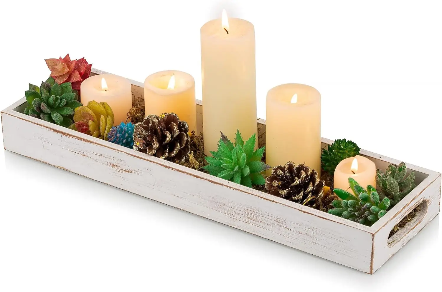 Wooden Decorative Serving Candle Holder Trays Rustic color with Cutout Handles