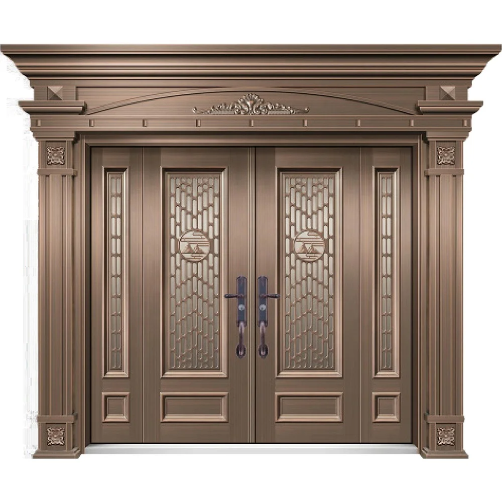 Luxury High Quality  Exterior Door With Head And Post Villa Sunproof Exterior Security Steel Metal Copper Door