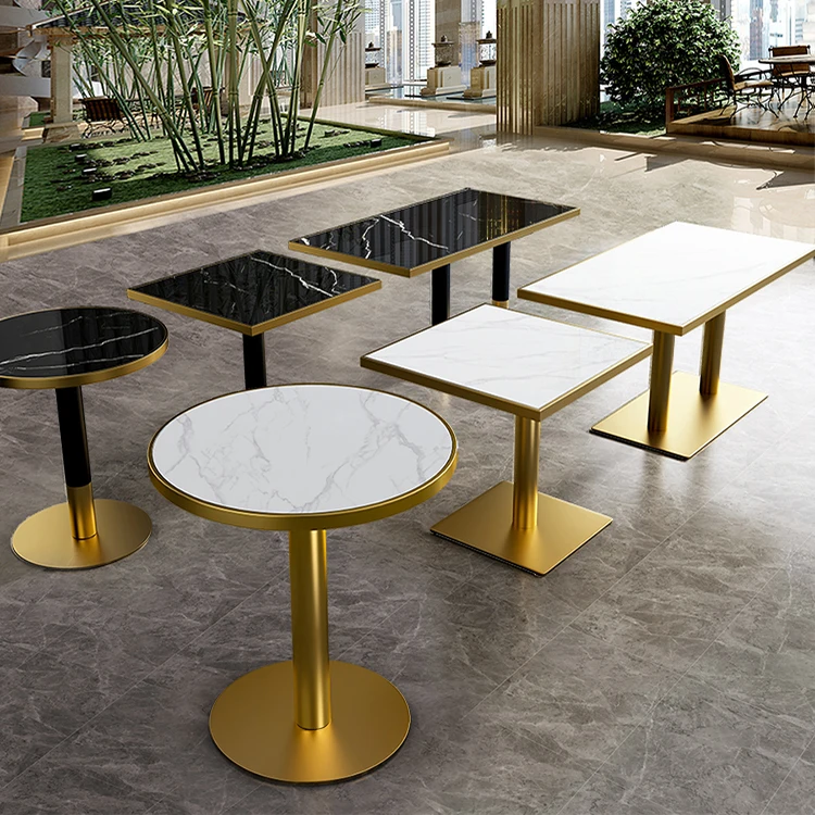 New product custom size luxury restaurant tables gold metal base square marble top cafe dining table